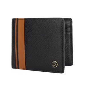 Black leather wallet with orange stripe and logo