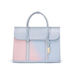 Pastel pink and blue handbag with structured design and top handles