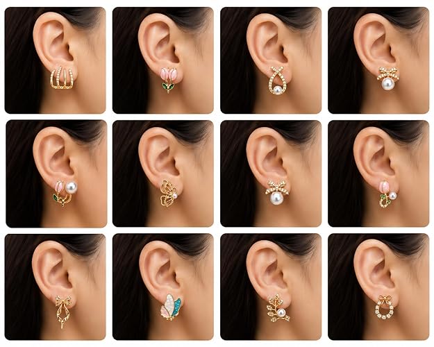 Gold Earrings Designs Collection Gold earrings collection with different designs displayed on ear models